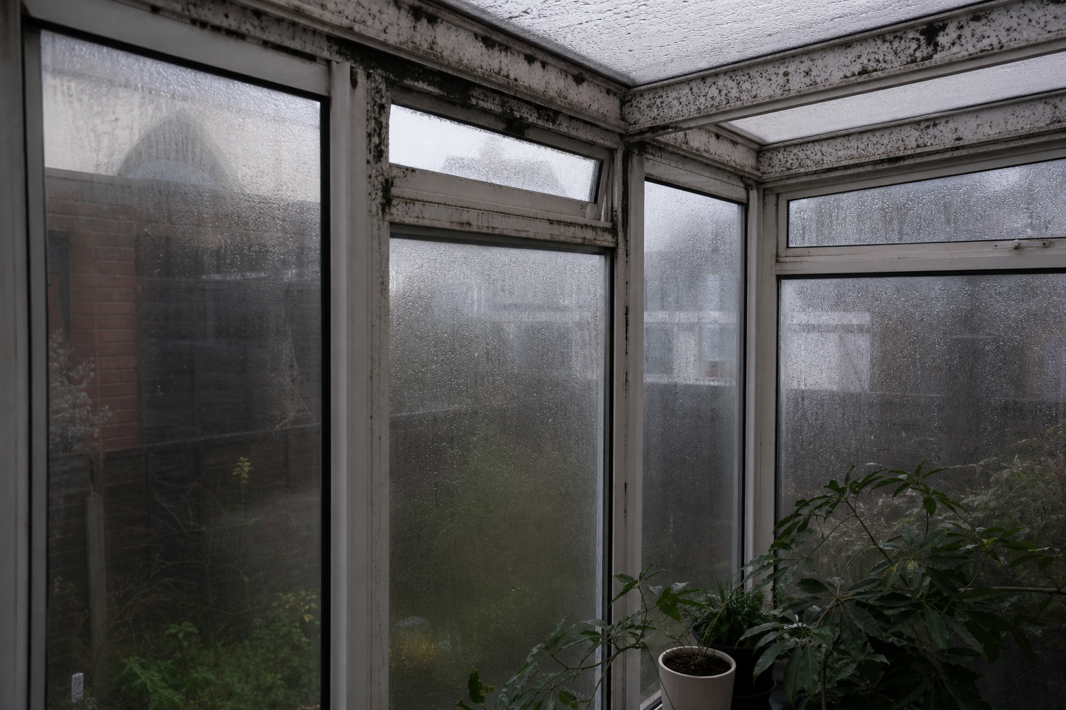 Serre met condens op het glas en schimmelvorming in de hoeken