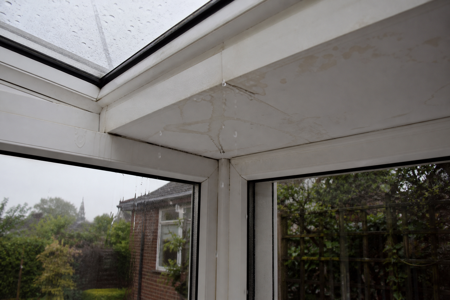 Lekkende serre: waterdruppels en vochtplekken op het glazen dak
