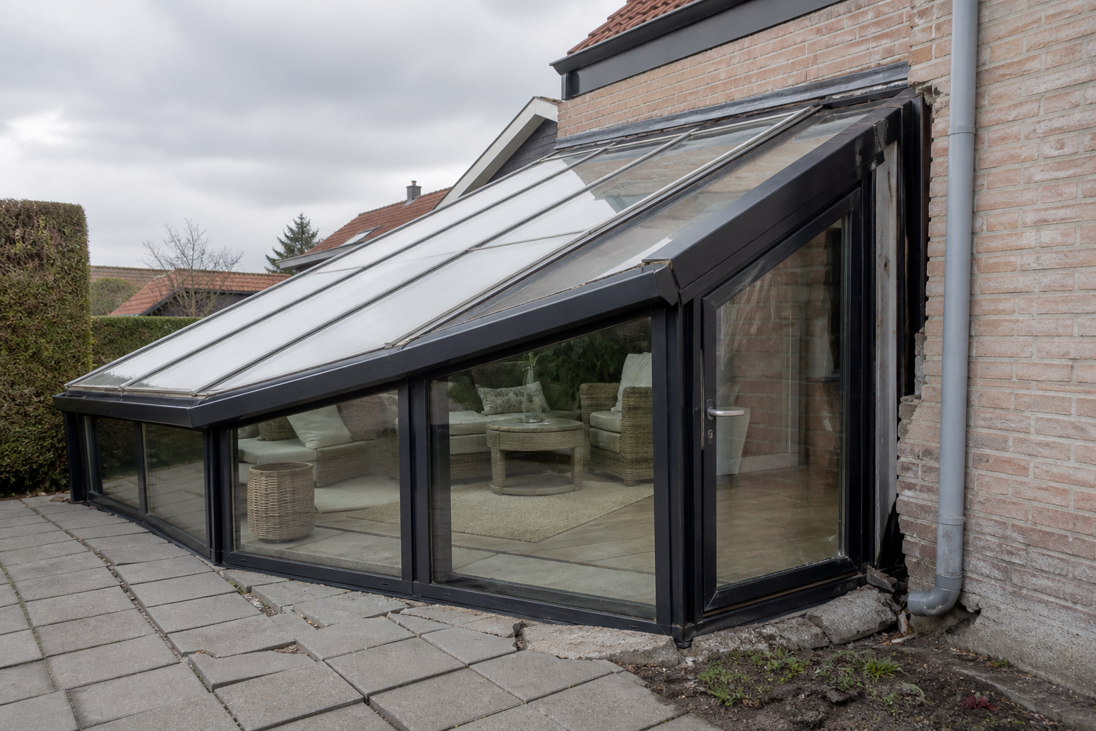 Verzakte serre met scheve constructie en scheuren in de fundering