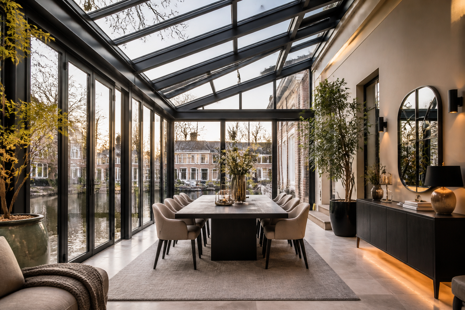 Gerenoveerde luxe serre met helder glas en strakke zwarte profielen